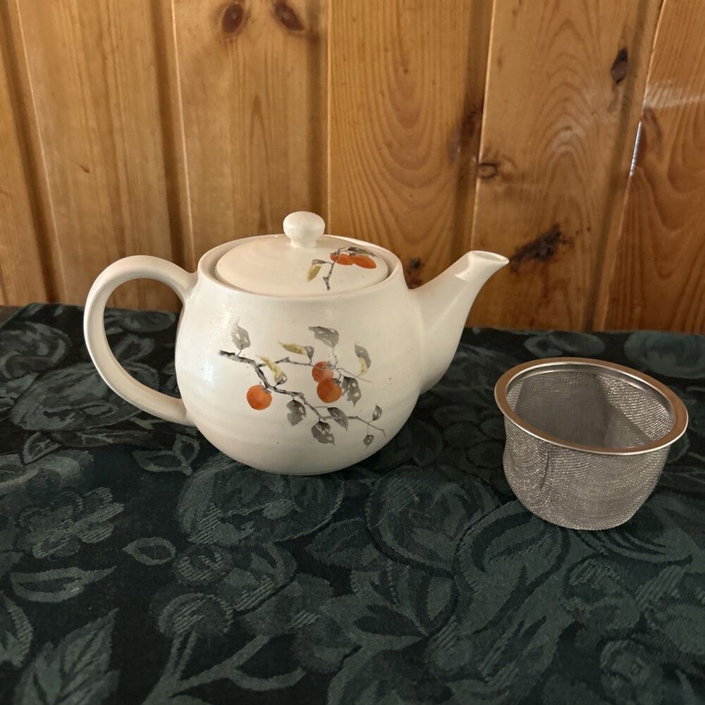 Vintage Japanese Shomine Kiln Ceramic Teapot Persimmon Fruit Hand Painted